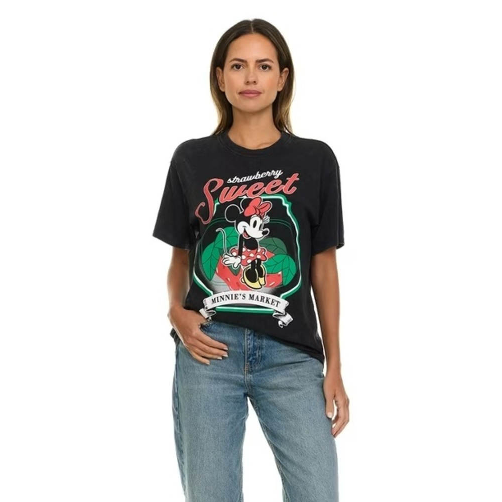 Disney Black Minnie Mouse “Strawberry Sweet” Graphic T-Shirt Size L Vintage Wash